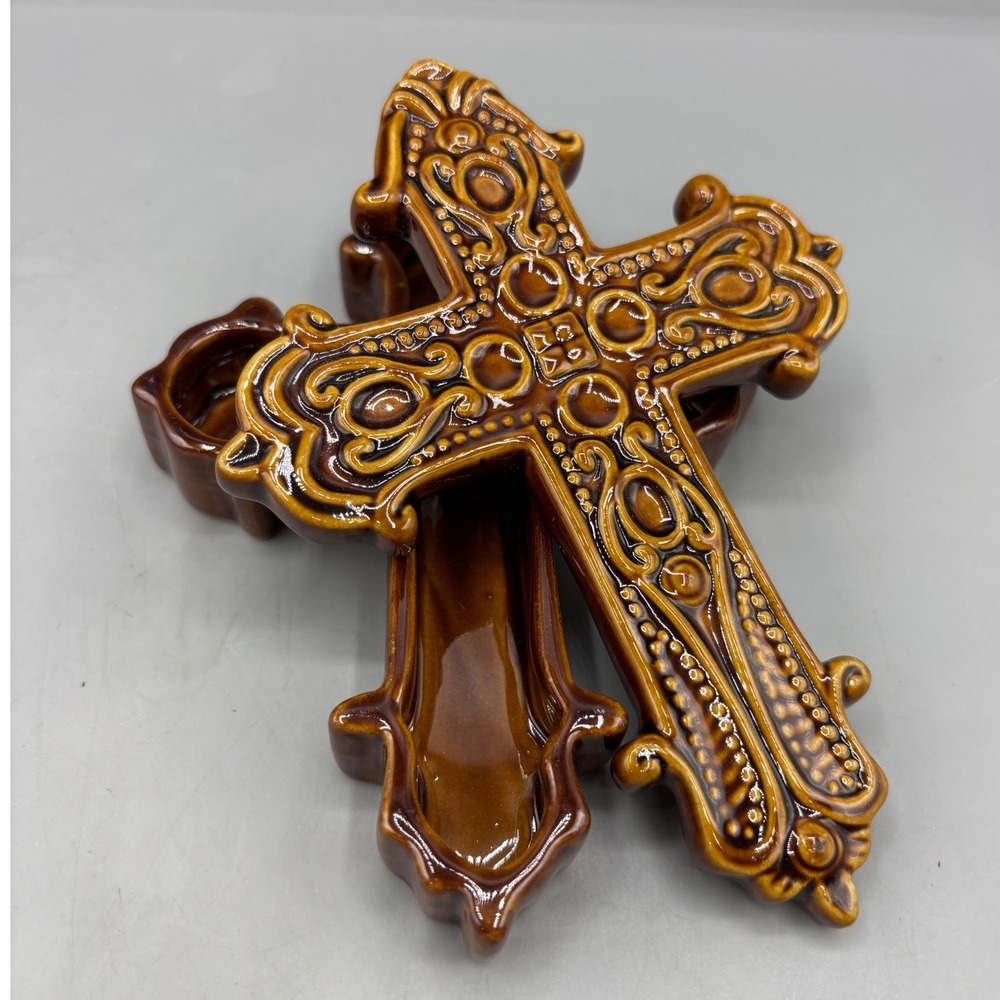 Vtg Ceramic Wall Cross Trinket Box‎ Religious Home Decor Christian Art